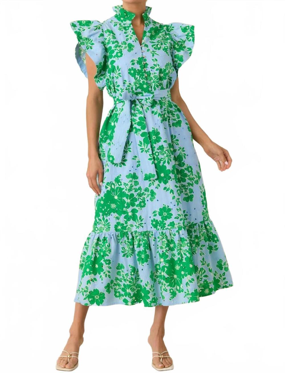 NEW ENTRO fresh air floral maxi dress in blue & green - Picture 5 of 7